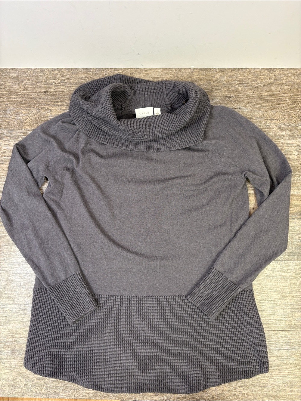 Cyrus Women’s Cowl Neck Mixed Knit Sweater Charcoal Gray Size Large
